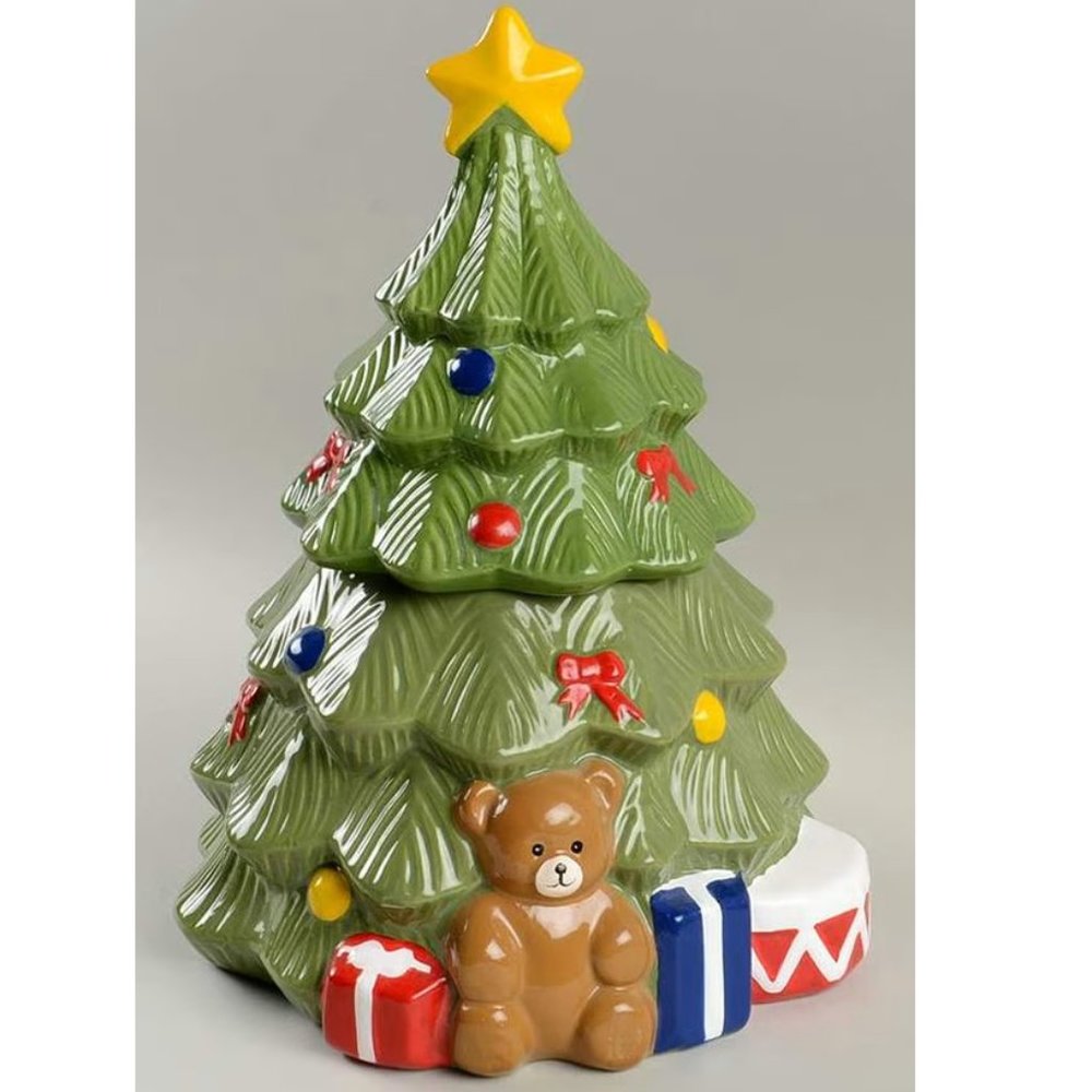 Vintage Tienshan Holiday Hostess Christmas Tree Figural Ceramic Cookie Jar Star